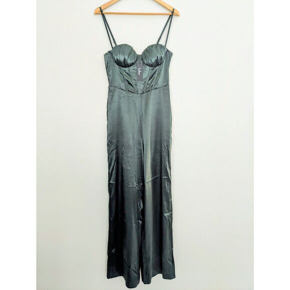 NWT Lulus Flirty Agenda Jumpsuit Medium Dark Green Satin Bustier Wide Leg Womens - Picture 3 of 12